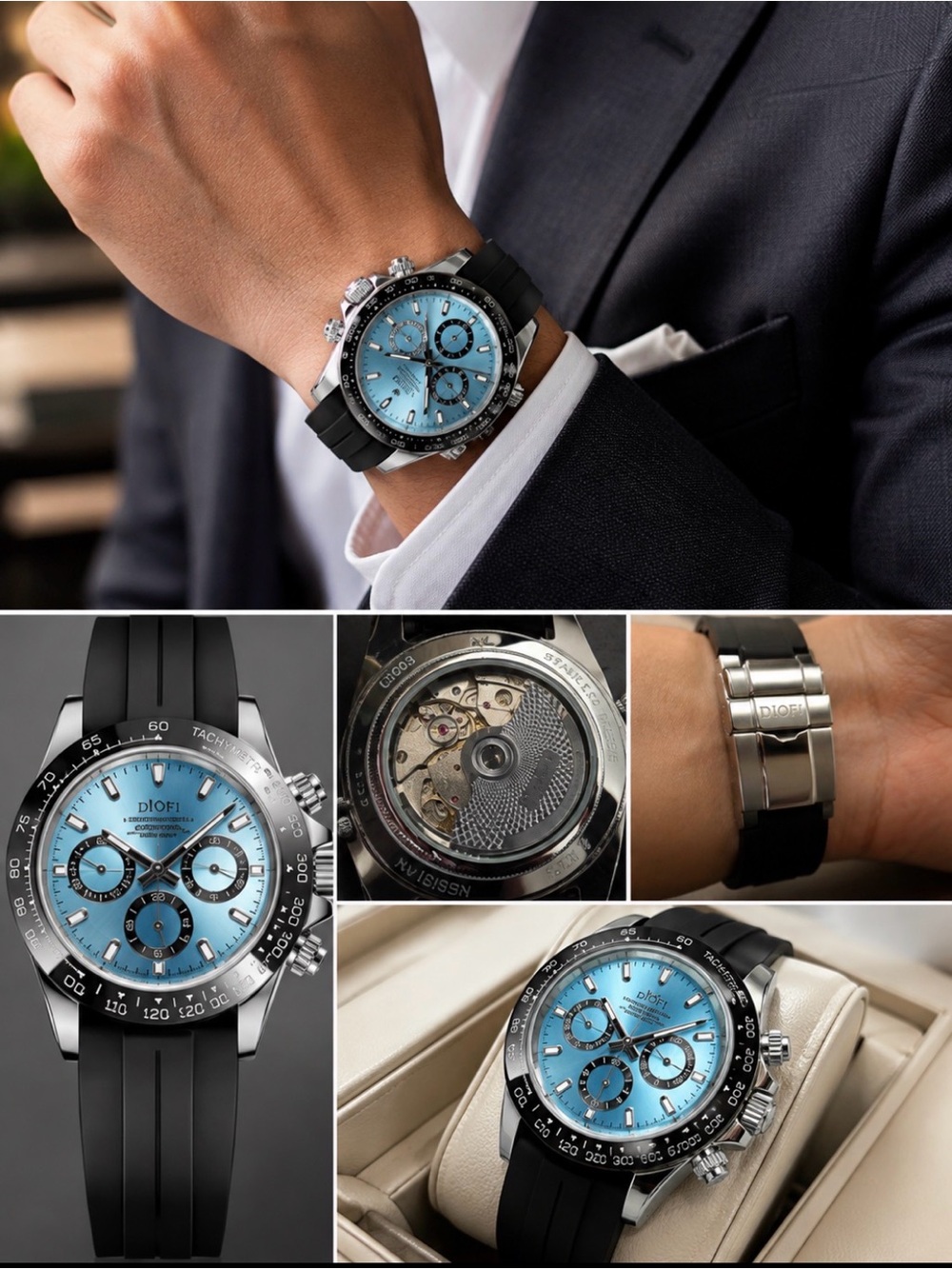 DIOFI Men’s Ice Blue Chronograph Watch Black Rubber Strap Automatic